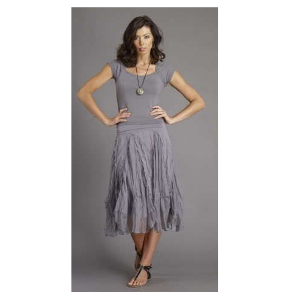 Luna Luz Midi Dress Womens Medium Grey Silk Organza Tiered Off Shoulder 693T